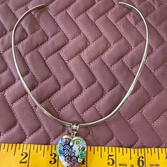 Vintage 925 Millefiori Heart Pendant Necklace Sterling Italy Glass Alan K Signed - Picture 6 of 15